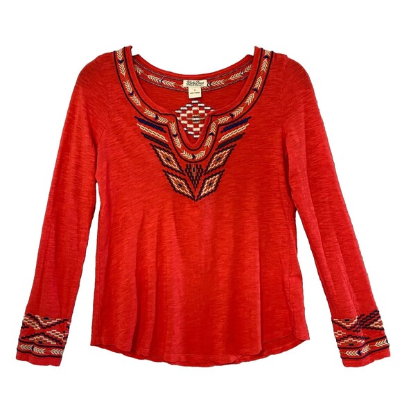 Lucky Brand Top Orange Southwestern Embroidered‎ Arrow Aztec Peasant Shirt SP - Picture 1 of 10